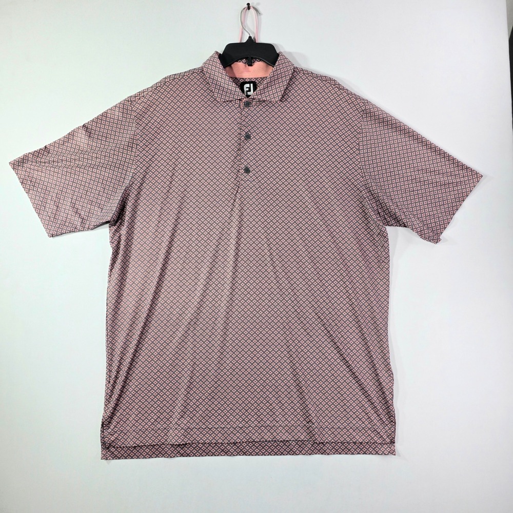 FootJoy Mens Golf Polo Shirt 2XL Coral Navy Geometric Diamond Print